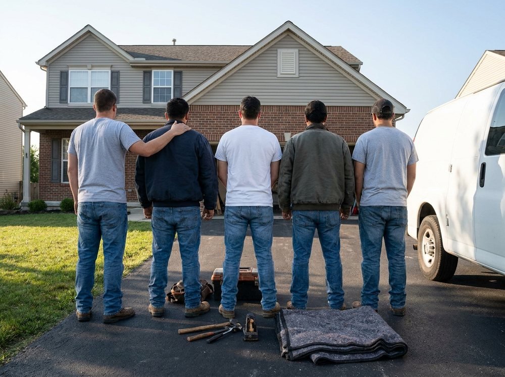 The five-man crew standing by their van outside a customer's house