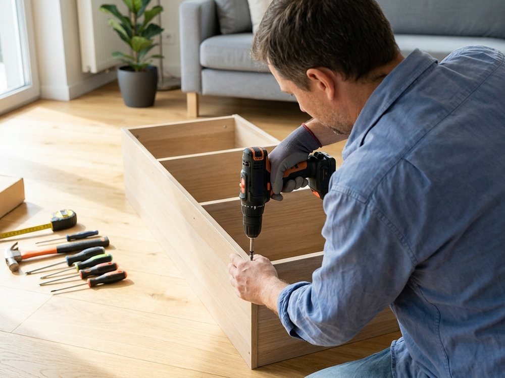 Assembling a flat pack bookshelf with a cordless drill